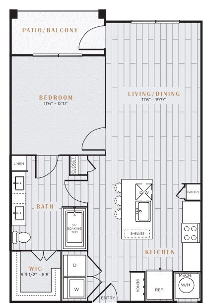 Floor plan for 1 bed, 1 bath, 808 sqft